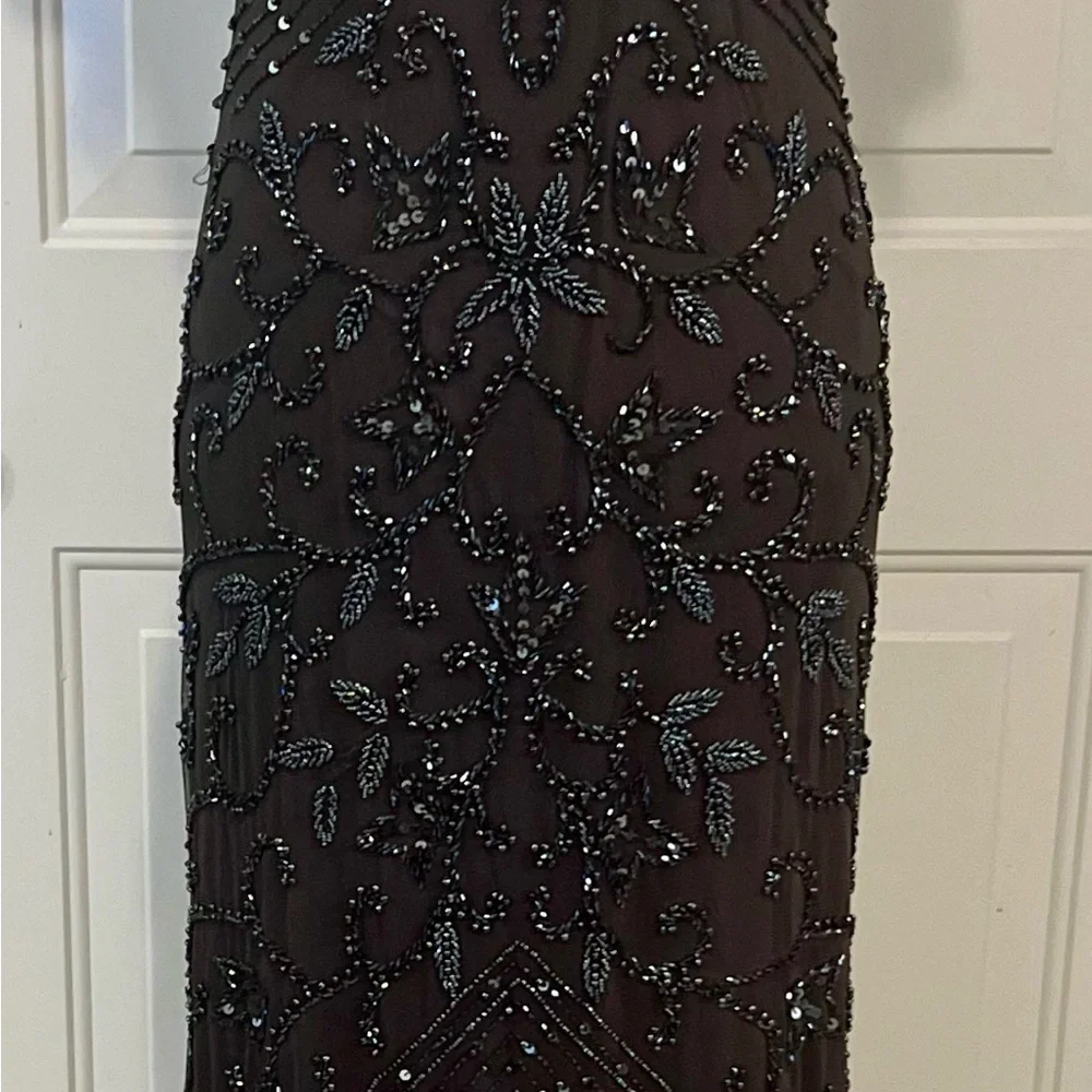 Pisarro Nights Cosmic Navy Beaded Gray Mesh Column  Formal Party Gown Size 4 - Picture 7 of 11